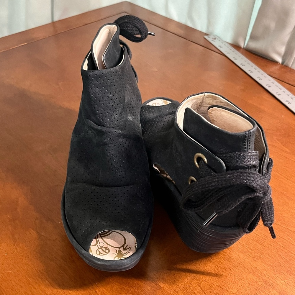 Fly London Yame Slouch Ankle Bootie 38 EU 8 US Black Leather Peep Toe Wedge